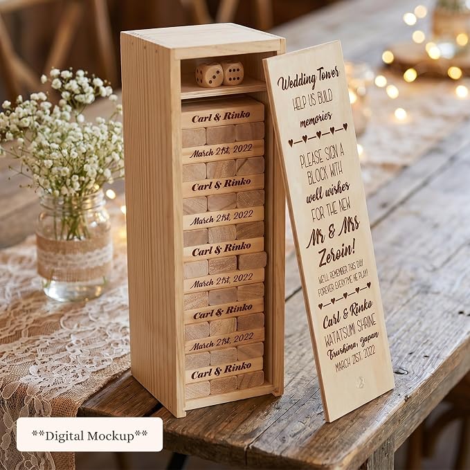 WE Games Personalized Wedding Guest Book Alternative, Wooden Memory Keepsake Box, 54 Blocks, Custom Engraved Build Memories - Image 2
