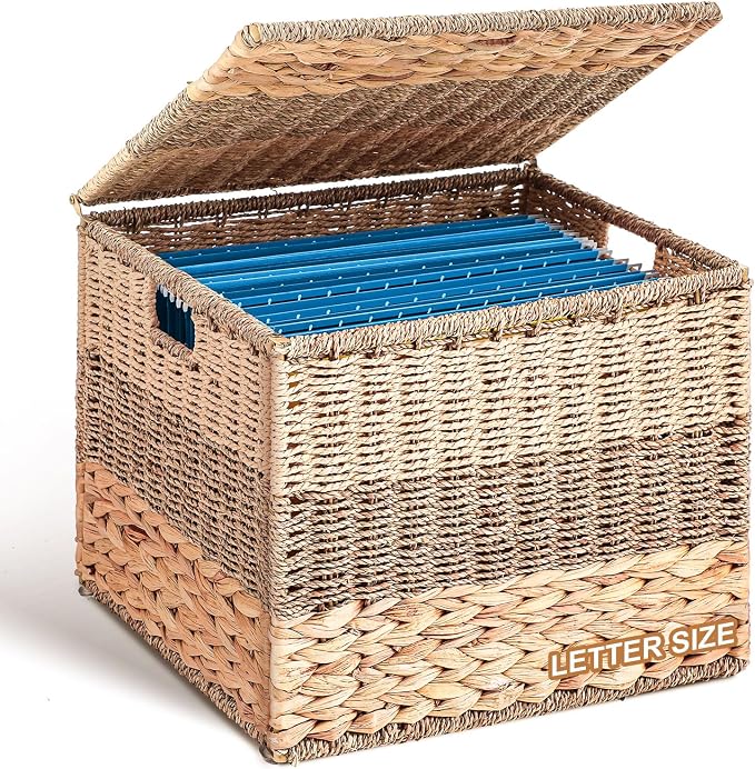 Decorative File Box 14 x 12 x 11 in Wicker Seagrass File Basket Organizer for Letter Size Hand Woven Hanging Filing Cabinet with Lid for Document Folder Home Office Decor, Water Hyacinth, Tricolor by Cinnvoice