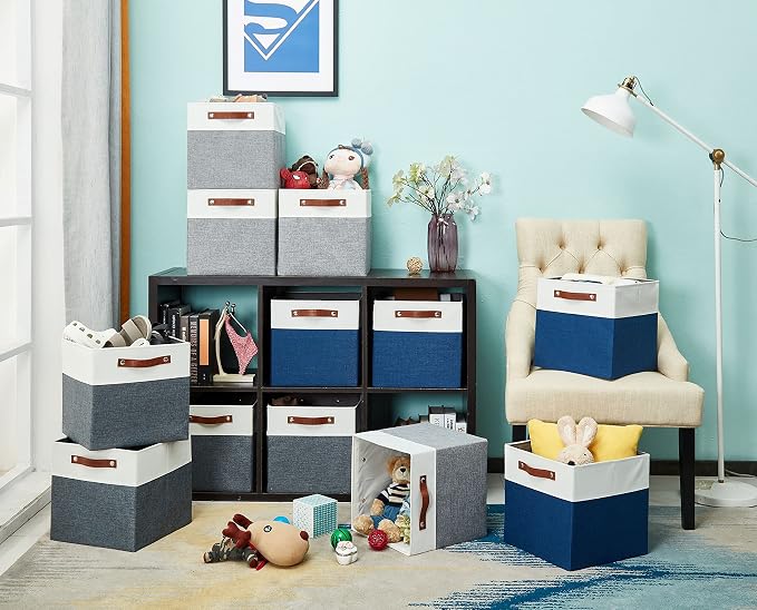 DECOMOMO Fabric Cube Storage Bins, Storage Baskets for Shelves 4 Pack | 11 inch Cube Storage Organizer for Kallax and Cubbies (Grey & White) - Image 7