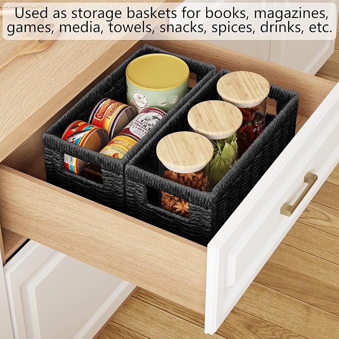 Wicker Storage Basket, Set of 2 Hand Woven Wicker Baskets for Organizing with Handles, Decorative Small Storage Bins for Countertop Toilet Paper Basket for Toilet Tank Top, Shelves, Black - Image 8