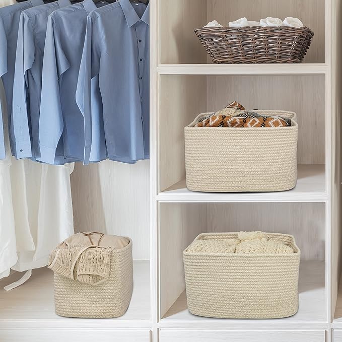 XUANGUO Woven Cotton Rope Storage Baskets 15x10x9.3" 3 Pack Oatmeal | Decorative rectangular storage baskets for shelves and closets; storage bins organize clothes, toys, books and nursery items - Image 4