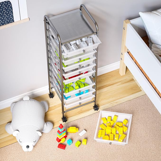 Seville Classics Rolling Utility Organizer Storage Cart, for Home Office, School, Classroom, Scrapbook, Hobby, Craft, 10 Drawer, Frost White - Image 13