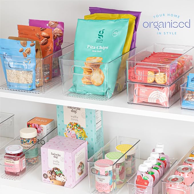 Plastic Food Storage 6 Pack Clear Container Bin with Handles for Organizing Kitchen, Pantry, Refrigerator, Freezer, Pantry, Cabinet, Closet, Bathroom. 10”x4”x5” - Image 7