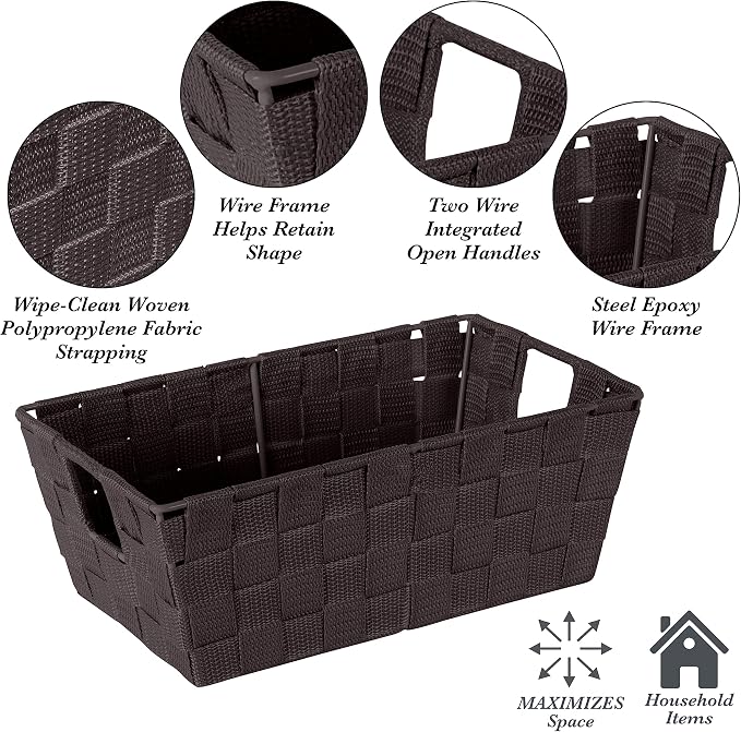 Simplify Small Shelf Woven Strap Tote | Decorative Storage Basket | Built in Handles | Organization | Closet | Bedroom | Bathroom | Nursery | Accessories | Toys | Gifts | 4 Pack | Chocolate - Image 3