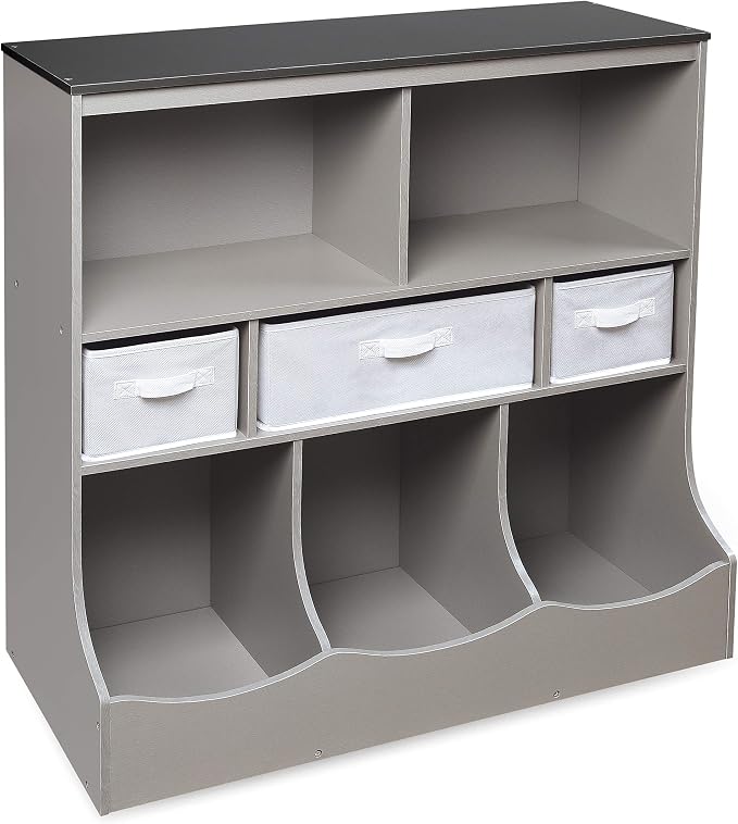 Badger Basket Combo Bin Toy Storage Unit and Book Shelf for Kids with 3 Baskets - Woodgrain/Gray | Kids storage organizer with 3 removable baskets, open shelves & display top for toys, books, clothes & more. by BadgerBasket
