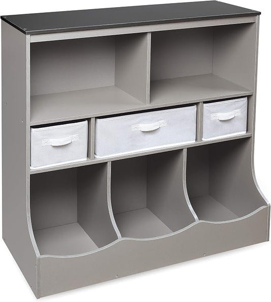 Badger Basket Combo Bin Toy Storage Unit and Book Shelf for Kids with 3 Baskets - Woodgrain/Gray | Kids storage organizer with 3 removable baskets, open shelves & display top for toys, books, clothes & more. by BadgerBasket