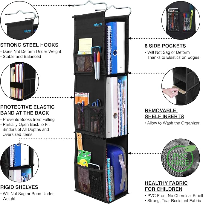 ABRA® 3 Shelf Hanging Locker Organizer for School, Work, Gym, Closet | Deep Shelves 6.5”x 9”| Eco-Friendly Fabric Healthy for Children | Adjustable School Locker Shelf from 3 to 2 Shelves (Pure Black) - Image 4