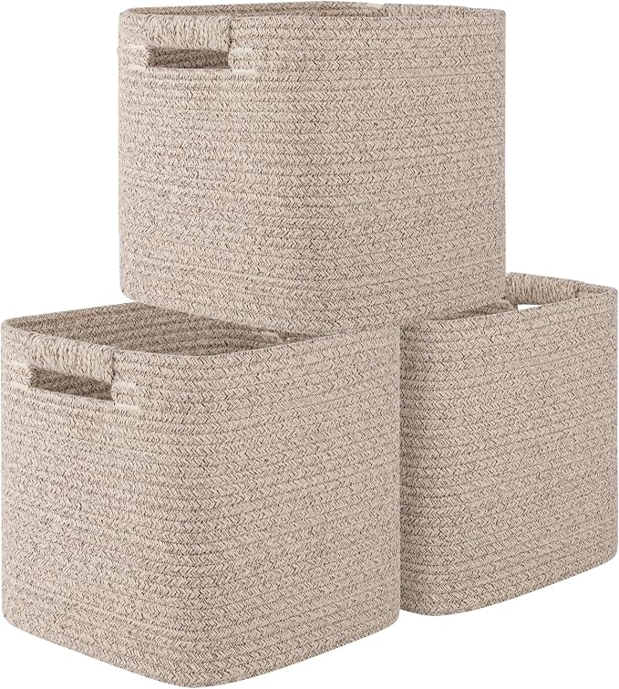 OIAHOMY Storage Cubes 11 Inch Storage Bins-3-Pack, Cotton Rope Woven Baskets for Organizing, Square Storage Baskets for Shelves Organizer, Classroom, Kids Toy Bins, Closet, Baby Nursery-Brown by MasterofSpaceOptimization