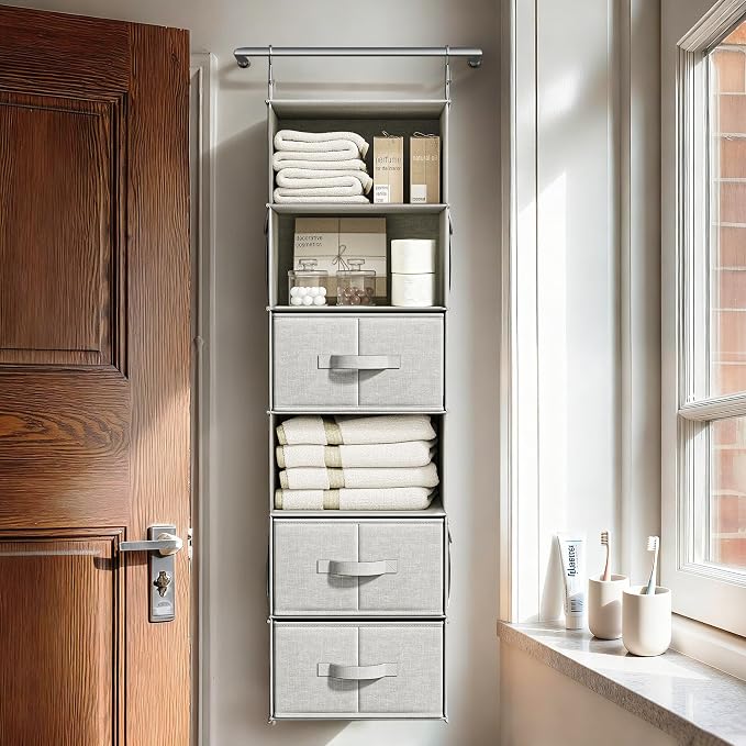 6-Shelf Hanging Closet Organizer with 3 Fabric Drawers, Silver Gray | Removable Fabric Drawers, Side Pockets, Reinforced Structure, Space-Saving Storage for Clothes, Nursery and Dorm Rooms - Image 9