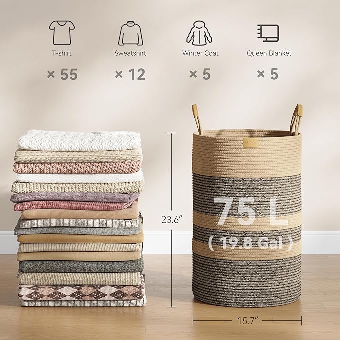 Nunsino 75L Striped Laundry Hamper with Leather Handles,Large Foldable Laundry Basket for Clothes,Cotton Rope Storage Bin for Blankets,Woven Clothes Basket for Bedroom,Dark Brown Stripes - Image 4