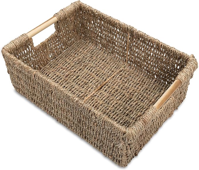 Large Natural Wicker Basket Rectangular with Wooden Handles, Seagrass Storage for Organizing, Shelves 15.5 x 10.6 x 5.5 inches by VATIMA