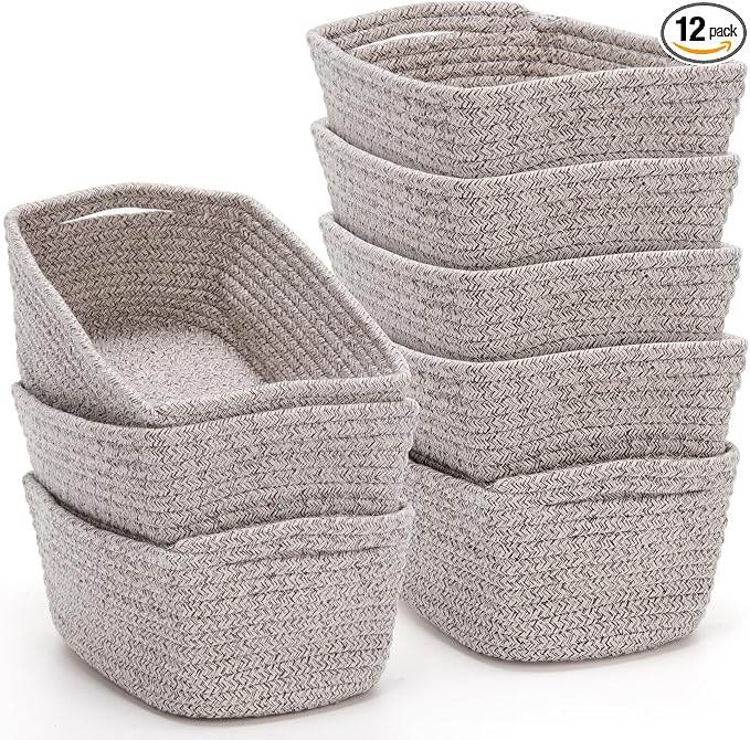 12 Pack Small Storage Basket Cute Natural Cotton Rope Woven Basket Tiny Boho Decorative Toy Storage Bin Gift Baskets for Home Organizing, Closet, Shelf, Nursery, Bathroom(Rectangle,Oatmeal) by Yinkin