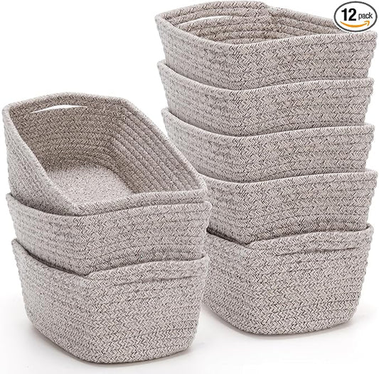 12 Pack Small Storage Basket Cute Natural Cotton Rope Woven Basket Tiny Boho Decorative Toy Storage Bin Gift Baskets for Home Organizing, Closet, Shelf, Nursery, Bathroom(Rectangle,Oatmeal) by Yinkin