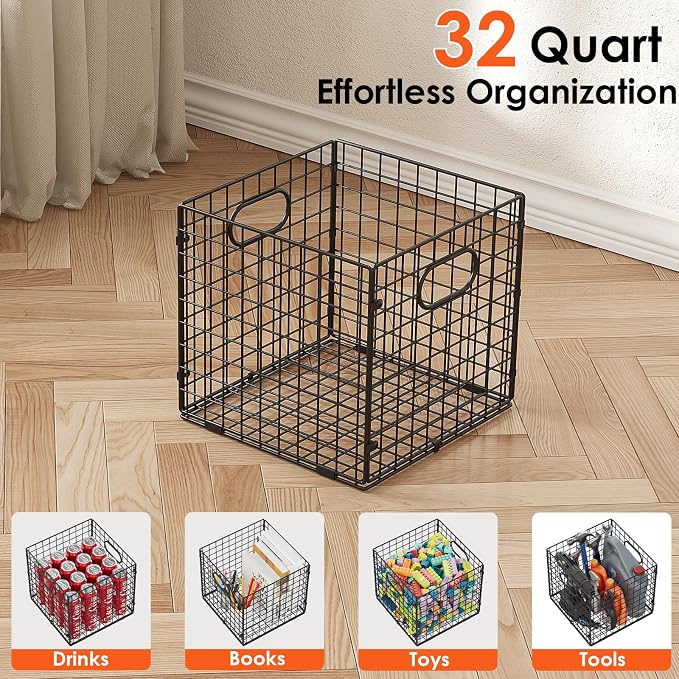 Cidaziya 4-Pack Metal Storage Crates, 32QT Stackable Collapsible Storage Bins with Handles, Black Heavy Duty Milk Crates for storage, Car, Garage, Home, Camping, Office - Image 2