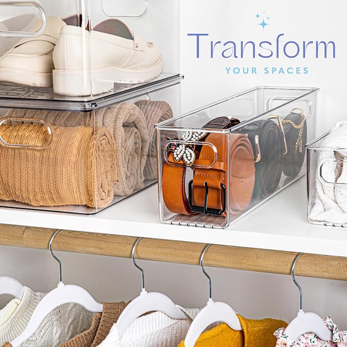 Plastic Food Storage 4 Pack Clear Container Bin with Handles for Organizing Kitchen, Pantry, Fridge, Freezer, Pantry,Bathroom. 16"x4"x5" - Image 5