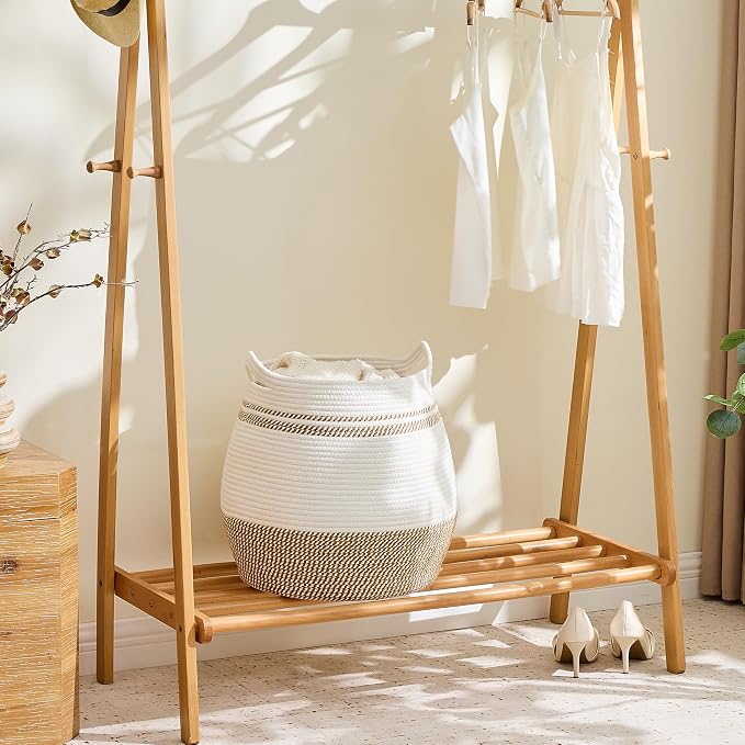 KAKAMAY Large Cotton Rope Woven Basket for Storage (17"x17"), Collapsible Laundry Hamper for Baby, Blanket Basket for Organizing Living Room, Nursery, Clothes, Toy Chest, Brown Stripes - Image 5
