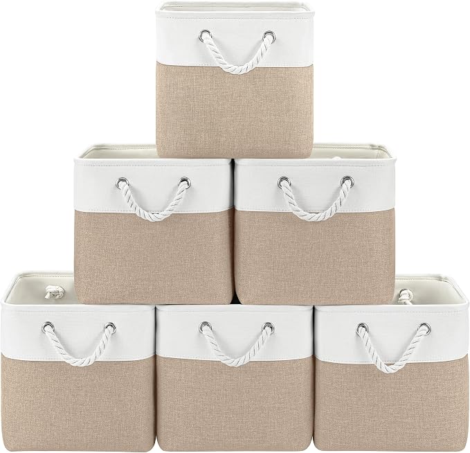 Patvingot 11-Inch Fabric Cube Storage Bins with Handles,6 Pack,Foldable | For cube shelves and closets,keeps grouped for everyday access,reinforced opening and fold-flat storage,white and khaki by Patvingot