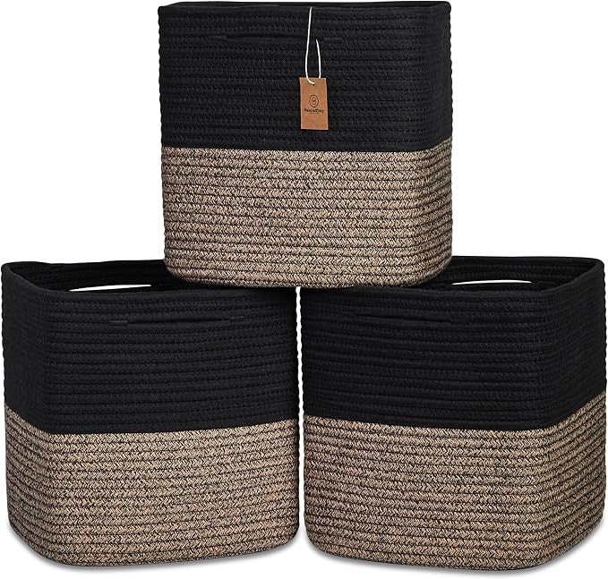 NaturalCozy 13 Inch Cube Storage Bins Cotton Rope Woven Baskets for Organizing 3-Pack | 13 x 13 Storage Cubes | Fabric Square Storage Baskets for Shelves Organizer, Kids Toy Bins, Closet Baby Nursery by NaturalCozy
