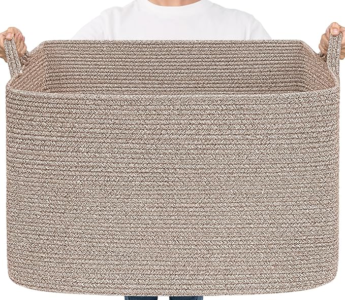 Goodpick 105L Extra Large Woven Rope Blanket Basket, Rectangle, Brown | 25'' x 16'' x 16'' Storage Basket for Blankets, Clothes & Pillows, Living Room & Bedroom Organization, Reinforced Handles by Goodpick