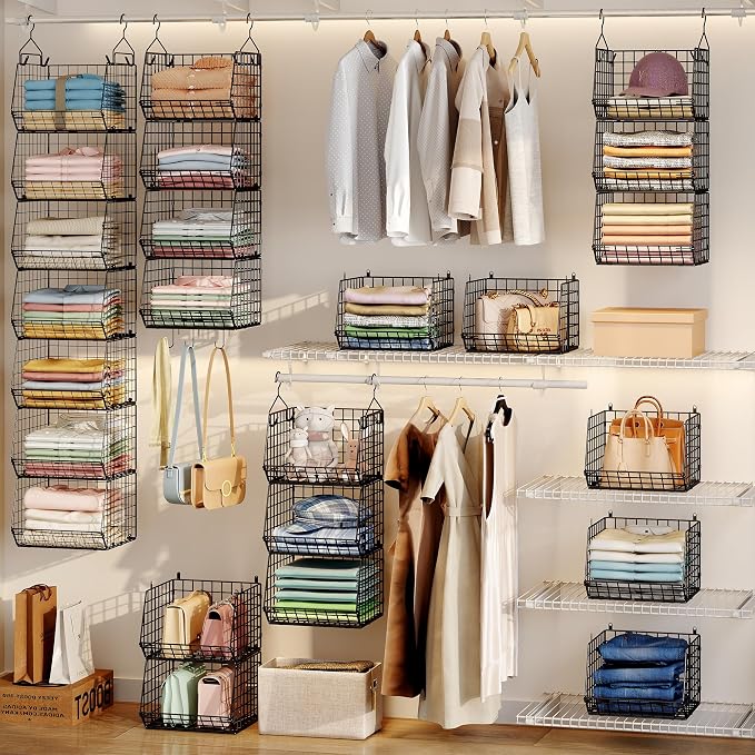 X-cosrack 7 Tier Foldable Hanging Closet Organizer and Storage,Wire Closet Shelving with 4 Large Hooks+ 5 S Hooks,Hanging Basket for Clothes Sweaters Shoes Handbags,Small Closet Organizers - Image 2