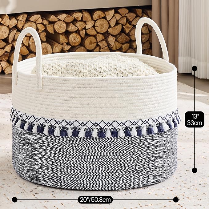 KAKAMAY Large Blanket Basket with Handles, Storage Basket for Living Room | Extra Large Capacity | Natural Cotton Rope | Blanket Storage | Woven Storage Basket | Stuffed Animal Storage | Laundry Basket - Image 3