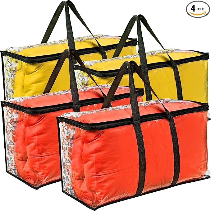 Clear Moving Bag (4-Pack) 25x14x12 - Zipper, Blankets, Breathable | Breathable Non-Woven Sides, Foldable, Comforters, Bedding, Clothes, Sweaters, College, Dorm, Packing by Vitalup