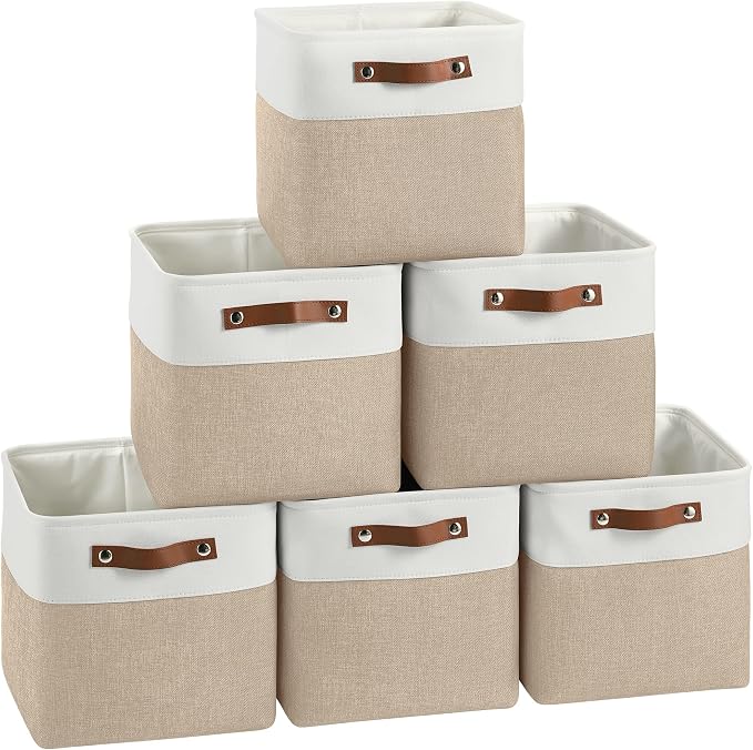 FinishingBo 11 inch Cube Storage Bin 6 Pack, Cube Organizer Bins | Fabric Storage Bins With Handles, 11x11 Storage Cubes, Shelf Basket, White/ Khaki by SimplifySpaceSimplifyLife