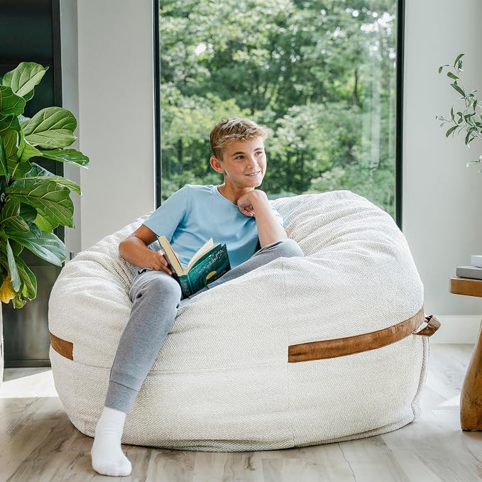 Big Joe Fuf 5Ft Oversized Foam Bean Bag Chair with Removable Cover for Kids, Teens, Adults, Sandstone Textured Boucle, 5 Foot Large Reading and Gaming Seat | Premium Shredded Foam Filled, Textured Boucle, Adult-Sized Comfortable Seating, Supports Up to... - Image 2