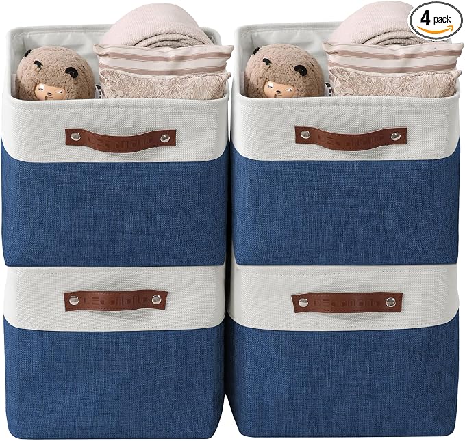 DECOMOMO Storage Bins, Large Fabric Storage Baskets for Shelves 4 Pack | 15 x 11 x 9.5 inches Decorative Linen Closet Organizers (Navy Blue & White) by DECOMOMO