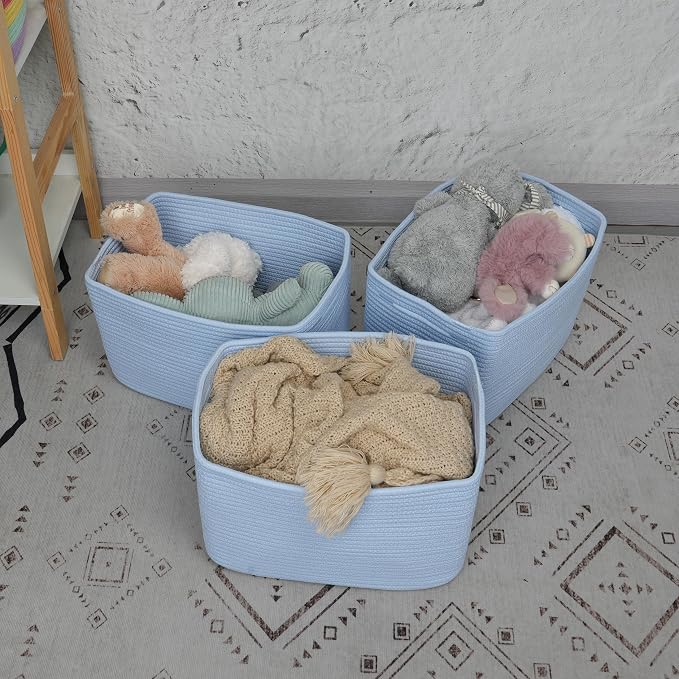 XUANGUO Woven Cotton Rope Storage Baskets 15x10x9.3" 3 Pack Light Blue | Decorative rectangular storage baskets for shelves and closets; storage bins organize clothes, toys, books and nursery items. - Image 4