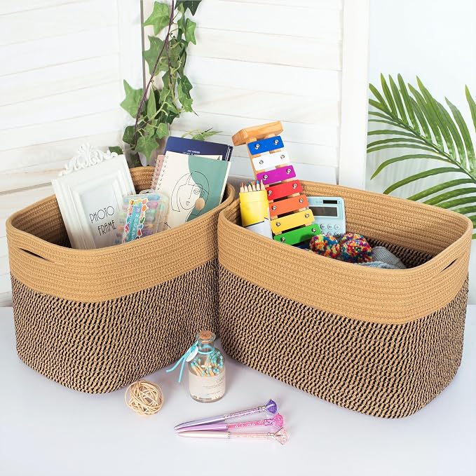 3-Pack Storage Baskets for Shelves, Decorative Baskets for Organizing, Woven Baskets for Storage, Book Basket Cube Storage Bin Box, Pantry Closet and Shoe Organizers, Black Jute - Image 3