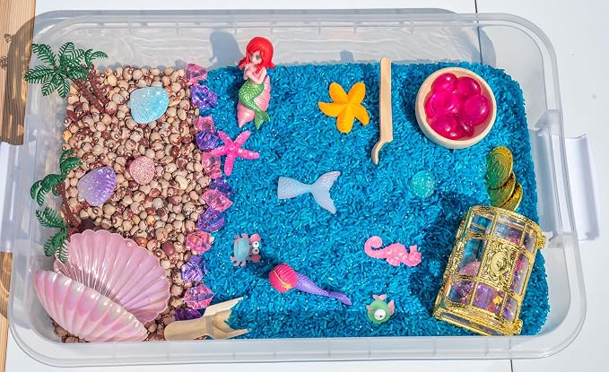Mermaid Sensory Bin Kit for Kids | Blue Rice, Pinto Beans, Mermaids, Gems, Shells & Treasure Chest – Ocean-Themed Sensory Play with Storage Bin by Unknown