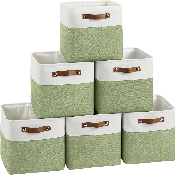FinishingBo 11x11 Cube Storage Bins 6 Pack, Fabric Basket with Handles | Foldable Storage Cubes, PU Leather Handles,Closet Storage, White Green by SimplifySpaceSimplifyLife
