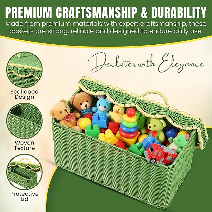 Scalloped Hyacinth Wicker Basket for Toy Storage | 3 Pack Woven Storage Baskets | Decorative Storage Baskets for Shelves | Rattan Baskets for Bedroom By NovaHeavensNest (Green & Golden) - Image 2