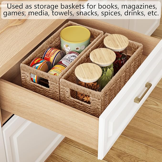 Wicker Storage Basket, Set of 2 Hand Woven Wicker Baskets for Organizing with Handles, Decorative Small Storage Bins for Countertop Toilet Paper Basket for Toilet Tank Top, Shelves, Natural - Image 7