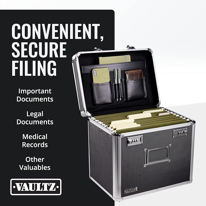 Vaultz Locking File Organizer Box - 13.5 x 13.25 x 10.5 Inch Large, Portable Locking Storage Box for Filing Letters & Documents w/Combination Lock, Black | Combination lock for filing letters and documents, large format fits legal or letter paperwork, ... - Image 3