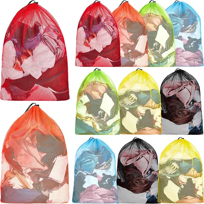 Berlune 12 Pcs 32 x 24 in Large Laundry Bag Colorful Extra Large Mesh Laundry Bag Bulk with Drawstring Heavy Duty Mesh Machine Washable Drawstring Pouch for Clothing Classification Dorms, Laundromats by Berlune