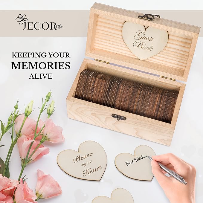 Jecor Alternative Guest Book Box - Wedding Guest Book Alternative - | 62 Large Wooden Hearts - Baby Shower, Bridal Shower, Anniversary, Birthday, Retirement, Funeral Guest Book Alternatives - Image 2