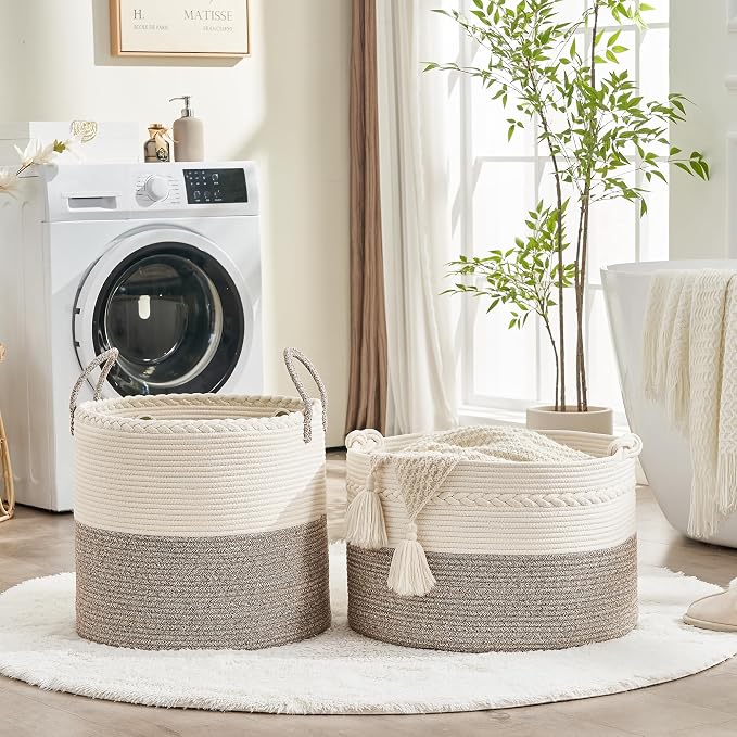 KAKAMAY Large Blanket Basket (20"x13"),Woven Baskets for storage Baby Laundry Hamper, Cotton Rope Blanket Basket for Living Room, Laundry, Nursery, Pillows, Baby Toy chest (White/Beige) | Extra Large Capacity | Natural Cotton Rope | Blanket Storage | W... - Image 5