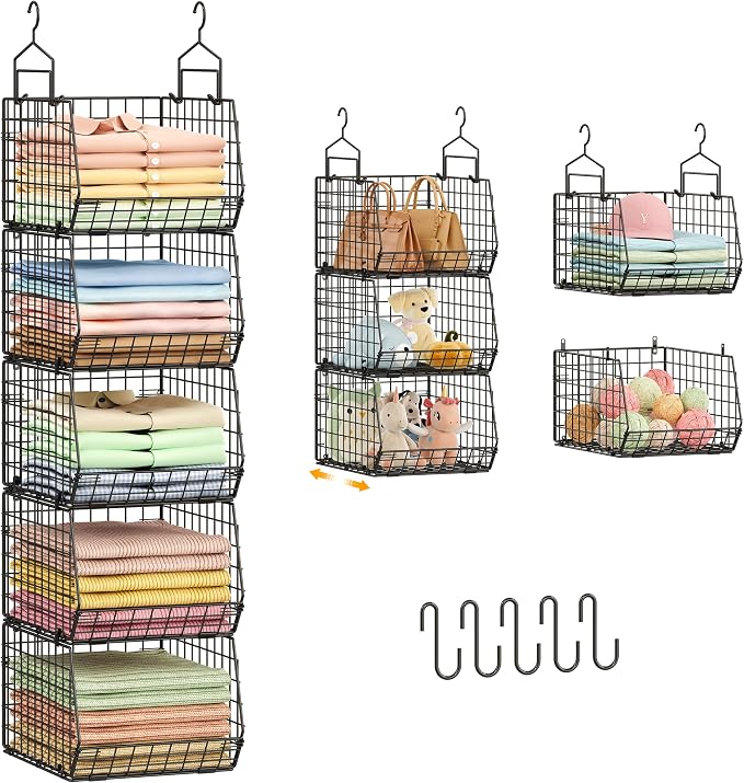 Capacity Upgrade Edition Deeper 4'' 5 Tier Foldable Hanging Closet Organizer and Storage，Wire Cabinet Shelves and Rack with 5 S Hooks,Stackable Metal Basket Bins for Clothes Shoe Purse,Black by X-cosrack