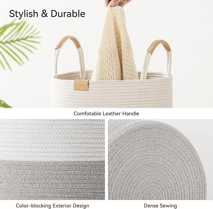 Nunsino 62L Striped Laundry Hamper with Leather Handles,Large Foldable Laundry Basket for Clothes,Cotton Rope Storage Bin for Blankets,Woven Clothes Basket for Bedroom,Gray Stripes - Image 6