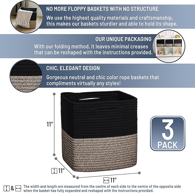 NaturalCozy Storage Cubes 11 Inch Cotton Rope Woven Baskets for Organizing, 3-Pack | Cube Storage Bin | Square Storage Baskets for Shelves Organizer, Classroom, Kids Toy Bins, Closet, Baby Nursery - Image 2