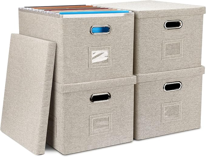Storage Bins With Lids Office Organization File Folder Organizer Boxes | Beige, 4 Pack, 15.1" * 12.2" * 10.04", Built-In Handle, Collapsible, Stackable, Dustproof, Linen Fabric, Cardboards by GraciadecoStorage