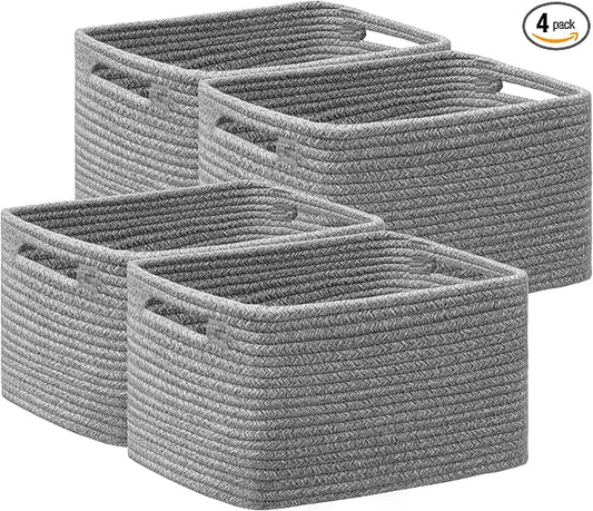 4 Pack Storage Baskets for Organizing, Woven Baskets for Shelves, Grey | 13"Lx9"Wx7.5"H, Woven Basket, Cotton Rope Basket, Toy Storage, Cube Shelf, Gift Baskets Empty, Home Decor by UBBCARE
