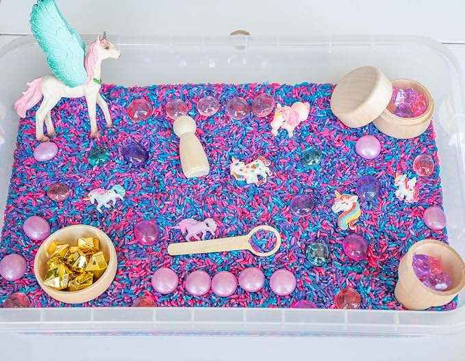 Unicorn Sensory Bin Kit for Kids | Pink, Purple & Blue Rice, Unicorn Figurines & Charms, Crystals & Wooden Tools – Includes Clear Storage Bin by Unknown