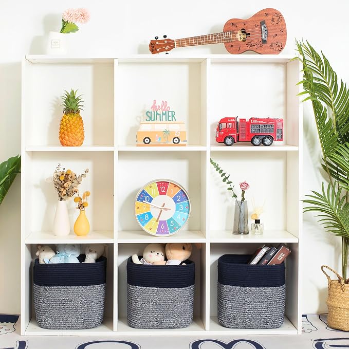 3-Pack 11x11in Woven Cube Storage Bin and Shelf Baskets, Cute Decorative Square Organizer for Closet, Classroom, Bathroom, Dog and Cat Toys, and Books, Navy Blue - Image 2