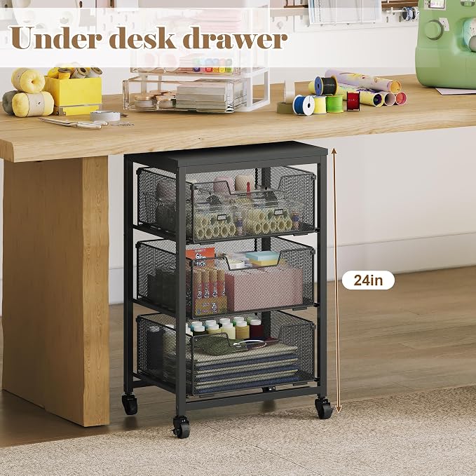 Under Desk Storage Cart with Lockable Wheels, 3-Drawer Rolling Storage Cart, Metal Utility Cart with Drawers for Art Cart, Craft Cart, Classroom, Office, Kitchen, Bedroom - Image 3
