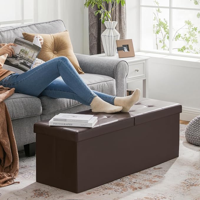 SONGMICS MAZIE Collection - 43 Inches Storage Ottoman Bench with Flipping Lid, Storage Chest with Iron Frame Support, Load 660 lb, for Living Room, Bedroom, Synthetic Leather, Brown ULSF75BR - Image 7