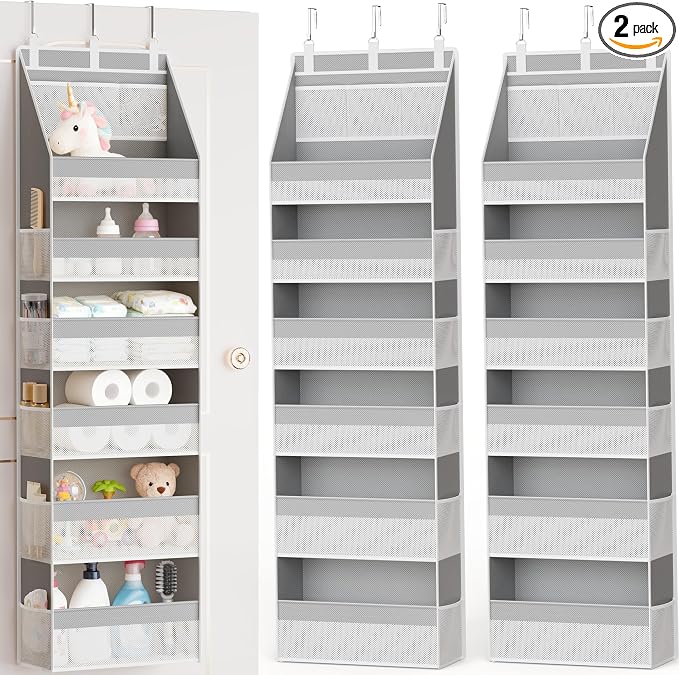 2 Pack Over The Door Organizer, Heavy-Duty 6-Shelf Hanging Storage with 13 Mesh Pockets, 55lbs Capacity Behind The Door Storage for Nursery, Bathroom, Bedroom, and Dorm, Grey by Criusia