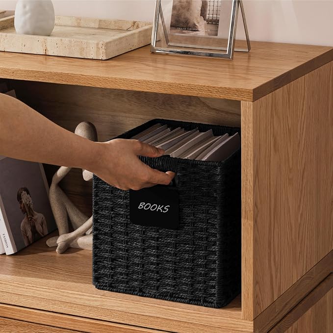 UBBCARE 4 Pack Small Wicker Basket, 9×9 Storage Cubes with Label, Foldable Cube Storage Bin with Handle, Square Storage Basket for Shelves, Woven Paper Rope Basket for Organizing, Black - Image 4
